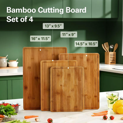 Zarler Bamboo Cutting Boards for Kitchen, 3 Piece Durable Wood Cutting Board with Juice Grooves and Handles, Wooden Chopping Board Set for Meal Prep, XL Size, Ideal Kitchen Gift