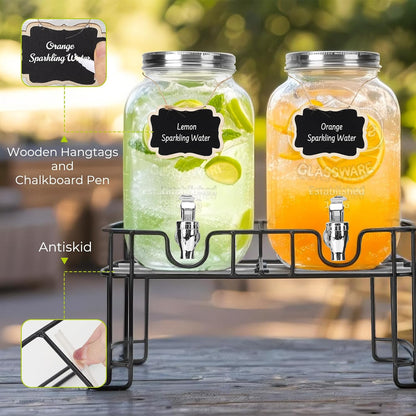 DHSBTLS 2 Gallon Glass Drink Dispensers, 1 Pack Clear Beverage Dispenser for Party, BBQ and Picnic, Juice Dispenser with Ice Core, Black Stand, Spigot, Markers and Chalkboard