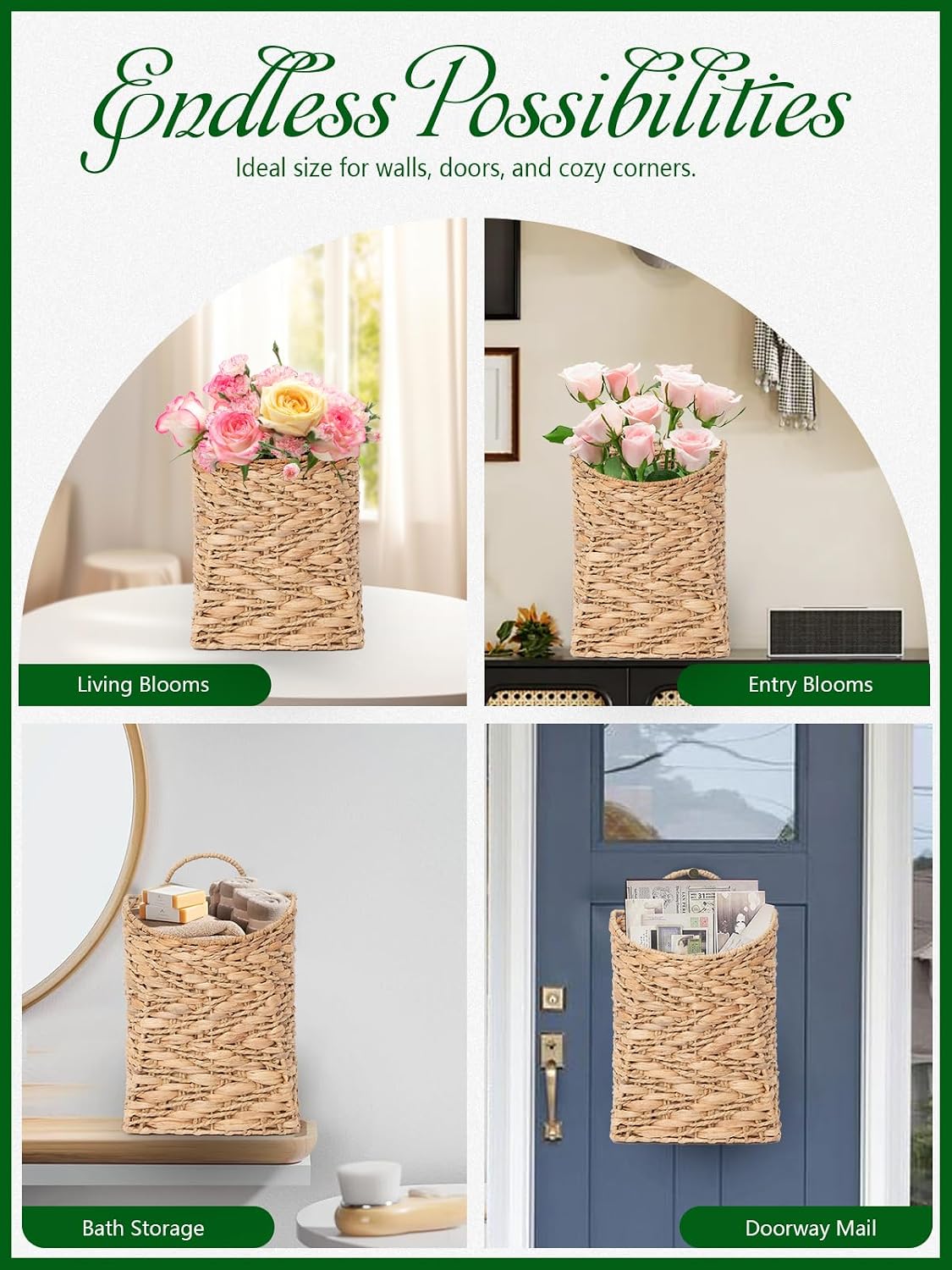 VerdantVibes Woven Wall Hanging Basket – 3-Tier Natural Water-Hyacinth Organizer for Boho Farmhouse Decor, Kitchen & Home Storage (37.4" x 11.2", Folds Flat)