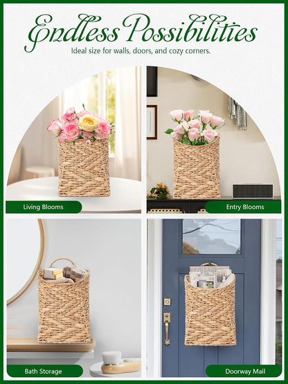 VerdantVibes Woven Wall Hanging Basket – 3-Tier Natural Water-Hyacinth Organizer for Boho Farmhouse Decor, Kitchen & Home Storage (37.4" x 11.2", Folds Flat)