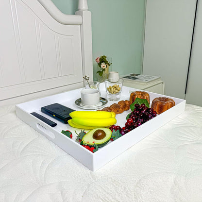White Rectangular 14x20 Inches Acrylic Ottoman Tray Decorative Serving Tray with Cutout Handles Organizer Tray on Coffee Table Countertop Big Breakfast Bed Tray Living Room Appetizer Serving Food