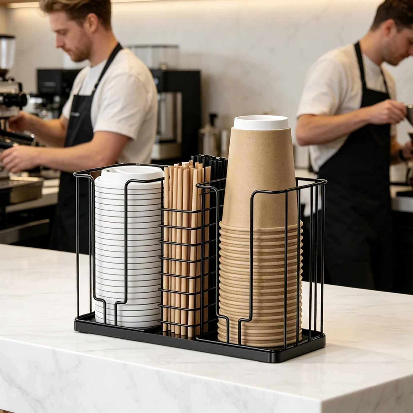Coffee Cup and Lid Holder - Disposable Cup Holder, Metal Paper Cup Holder 3-Compartment Coffee Cup Dispenser for Countertop Coffee Station Bar Restaurant Office Breakroom Shop Kitchen