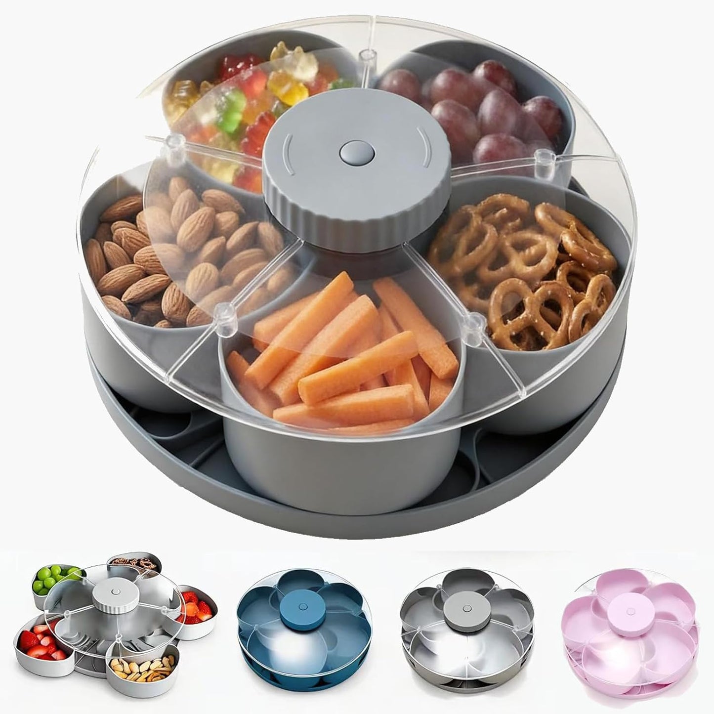 Divided Spin & Snack Serving Tray, Portable Travel Rotating Multi-Compartment Food Organizer with Lid, Party Platter for Chips, Veggies, Fruits, Dips, Nuts (Blue)