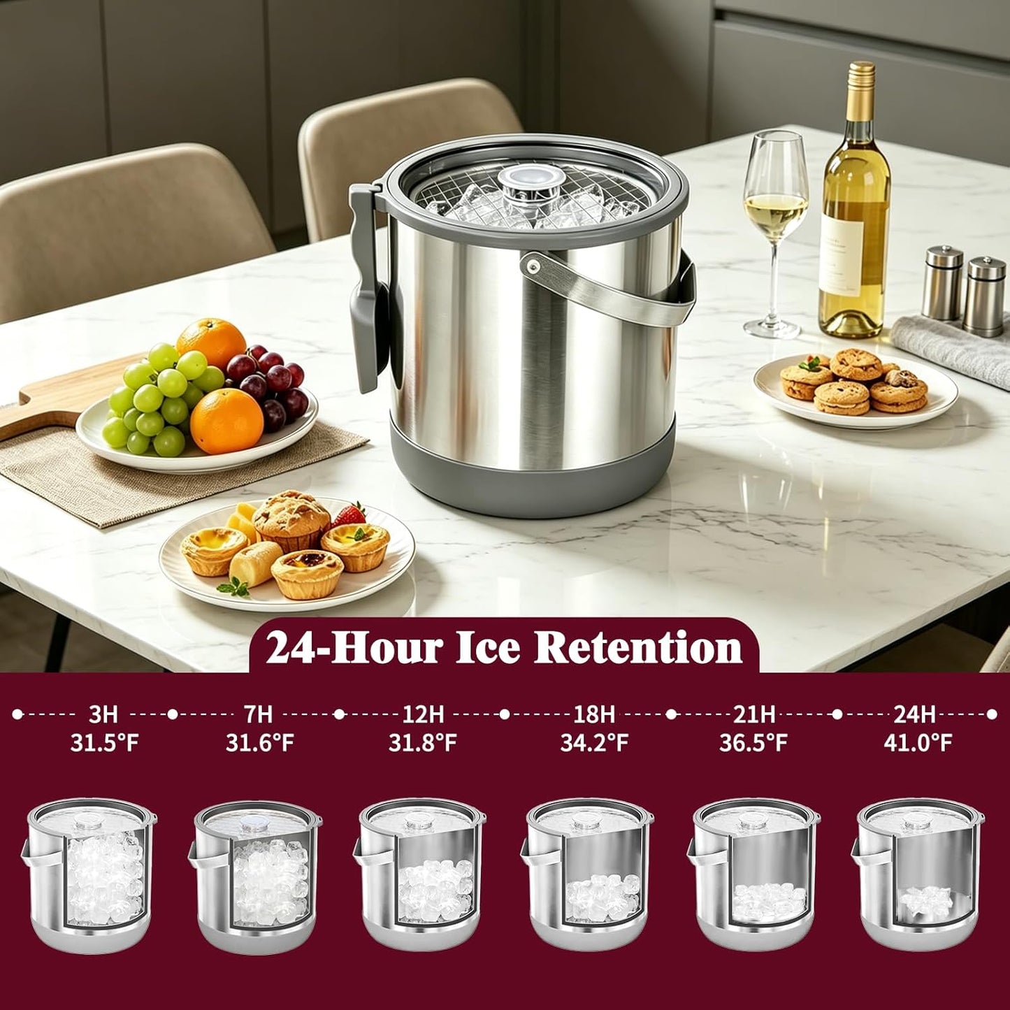 6.8L/7QT Insulated Ice Bucket with Lid & Scoop,Double-Wall Ice Bucket for Parties,Cocktail Bar(White)
