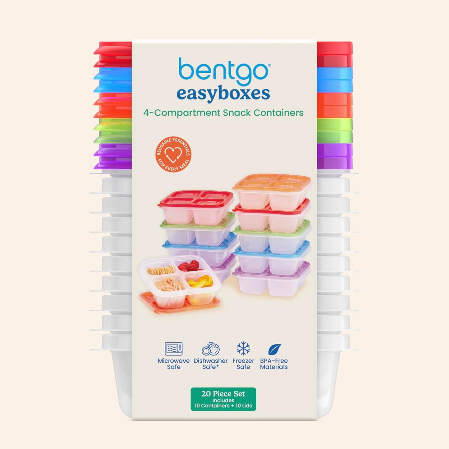 Bentgo Easyboxes 4-Compartment Snack Containers - 20-Piece Set with 10 Trays & 10 Custom-Fit Lids to Seal in Freshness - Reusable Food Storage & Meal Prep Bento BPA-Free Containers (Classic)