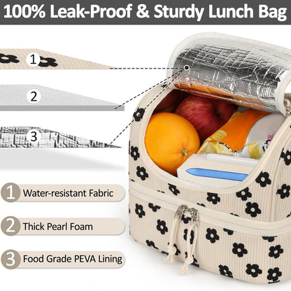 Vankor Corduroy Lunch Box Kids Insulated Lunch Bag Double Decker, Cute Leak-Proof Lunch Box for Boys Girls, Portable Cooler Lunch Bag Thermal Lunch Tote for School Picnic Travel, Light Blue