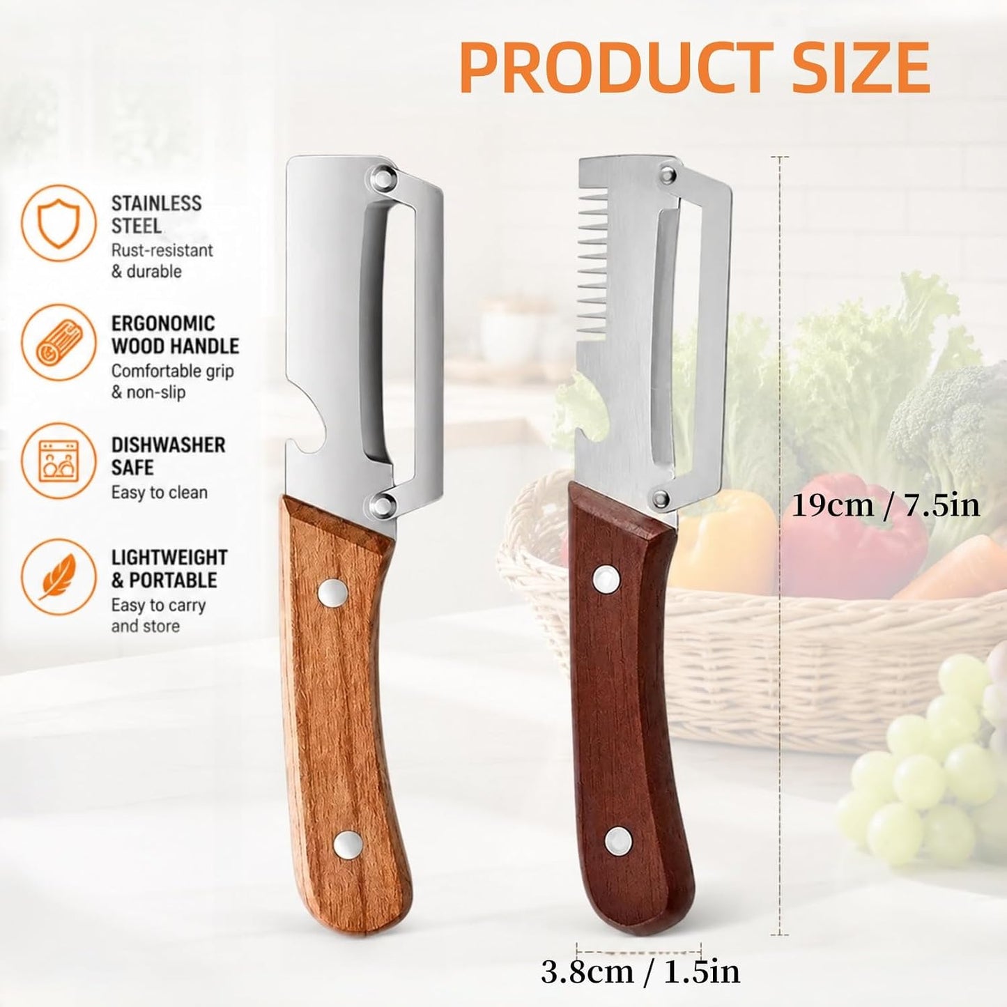 3-in-1 Vegetable Peeler with Scallion Shredder & Bottle Opener – Wide Stainless Steel Blade, Wooden Handle Julienne Cutter, Multi-Functional Kitchen Gadget for Home, Camping, Travel
