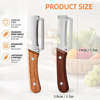 3-in-1 Vegetable Peeler with Scallion Shredder & Bottle Opener – Wide Stainless Steel Blade, Wooden Handle Julienne Cutter, Multi-Functional Kitchen Gadget for Home, Camping, Travel