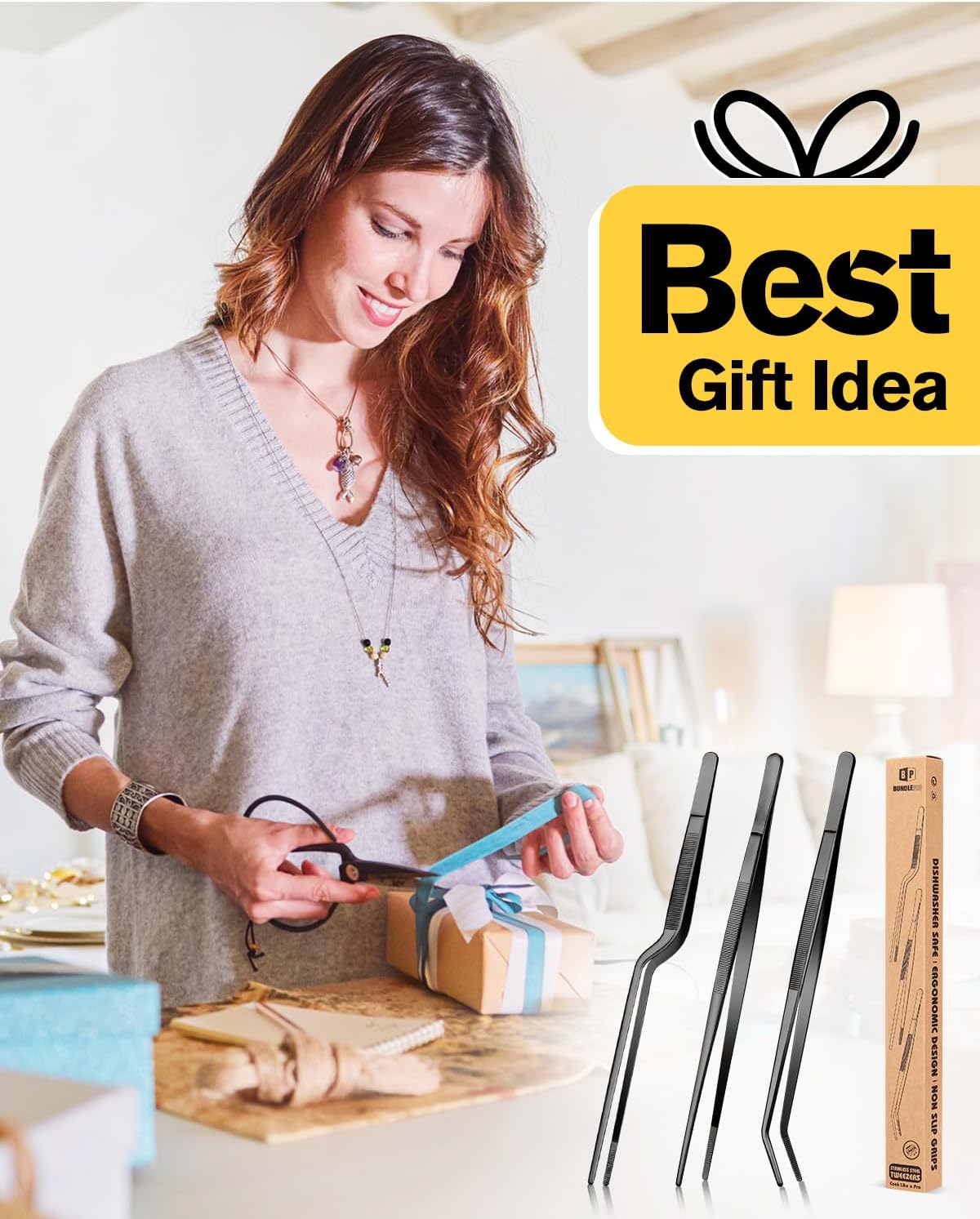 Fine Cooking Tweezers Set, Professional Stainless Steel Food Tongs, Kitchen Black Long Chef Tweezer for Cooking, Plating, Decorating and BBQ (SILVER, 12 inch)
