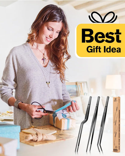 Fine Cooking Tweezers Set, Professional Stainless Steel Food Tongs, Kitchen Black Long Chef Tweezer for Cooking, Plating, Decorating and BBQ (SILVER, 12 inch)