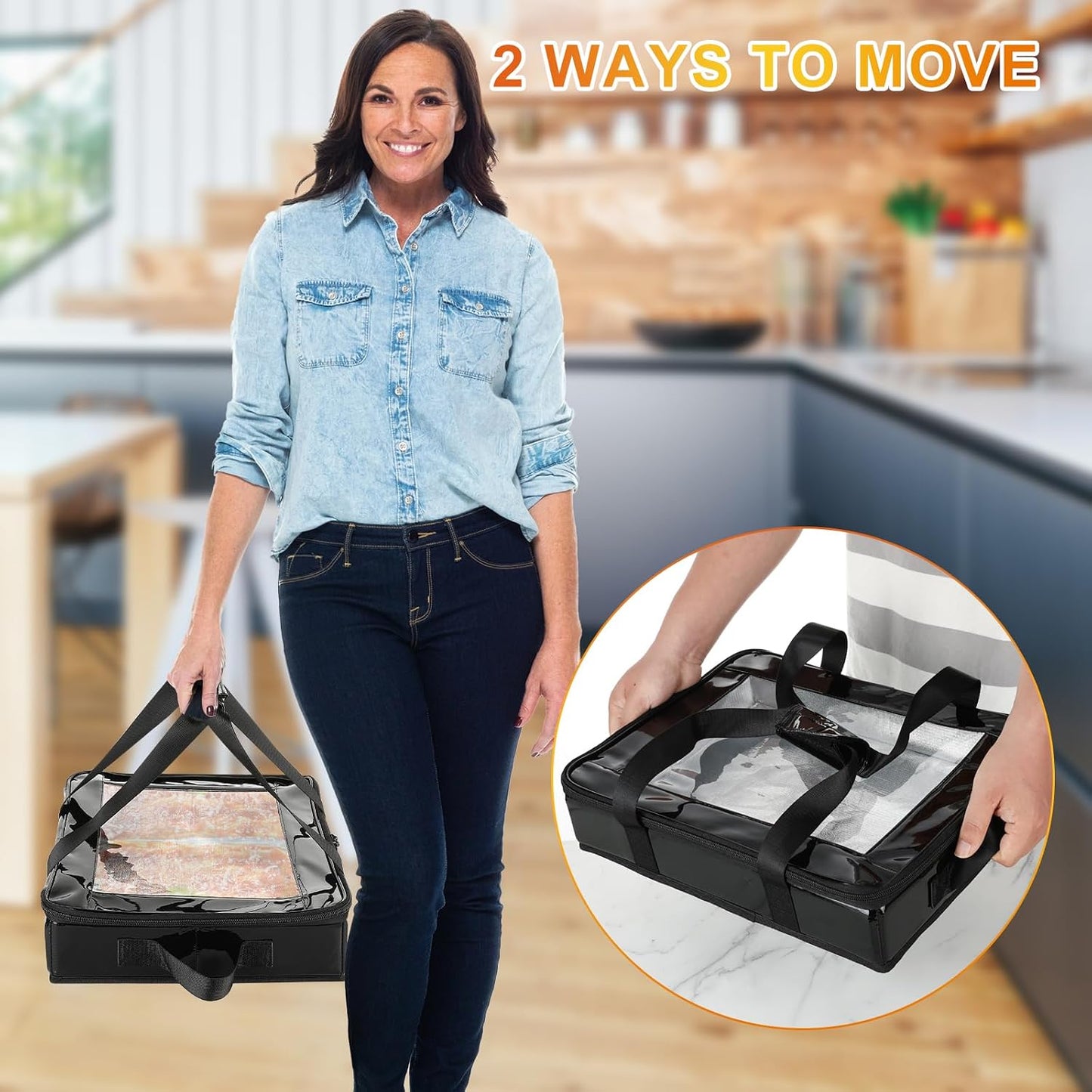 2 Pack Foil Pan Carrier with Clear Lid, PU Leather Aluminum Pan Holders with Long Handle,Serving Tray for Food,Insulated Casserole Carrier for Travel,Picnic,Parties,Fits 9"x13" Baking Dish (2, Black)