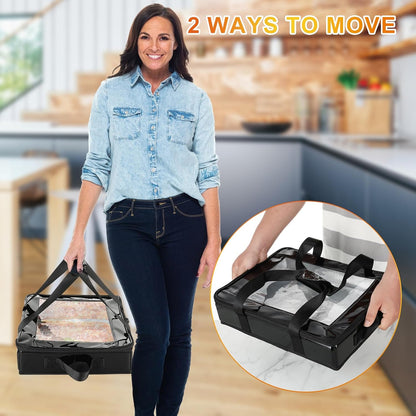 2 Pack Foil Pan Carrier with Clear Lid, PU Leather Aluminum Pan Holders with Long Handle,Serving Tray for Food,Insulated Casserole Carrier for Travel,Picnic,Parties,Fits 9"x13" Baking Dish (2, Black)