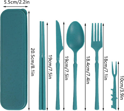 Reusable Travel Utensils Set with Case, Wheat Straw Portable Plastic Fork Spoon Knife Chopsticks Camping Cutlery, Eco-Friendly BPA Free Tableware Picnic Flatware for Kids Adults or Daily Use (Pink)