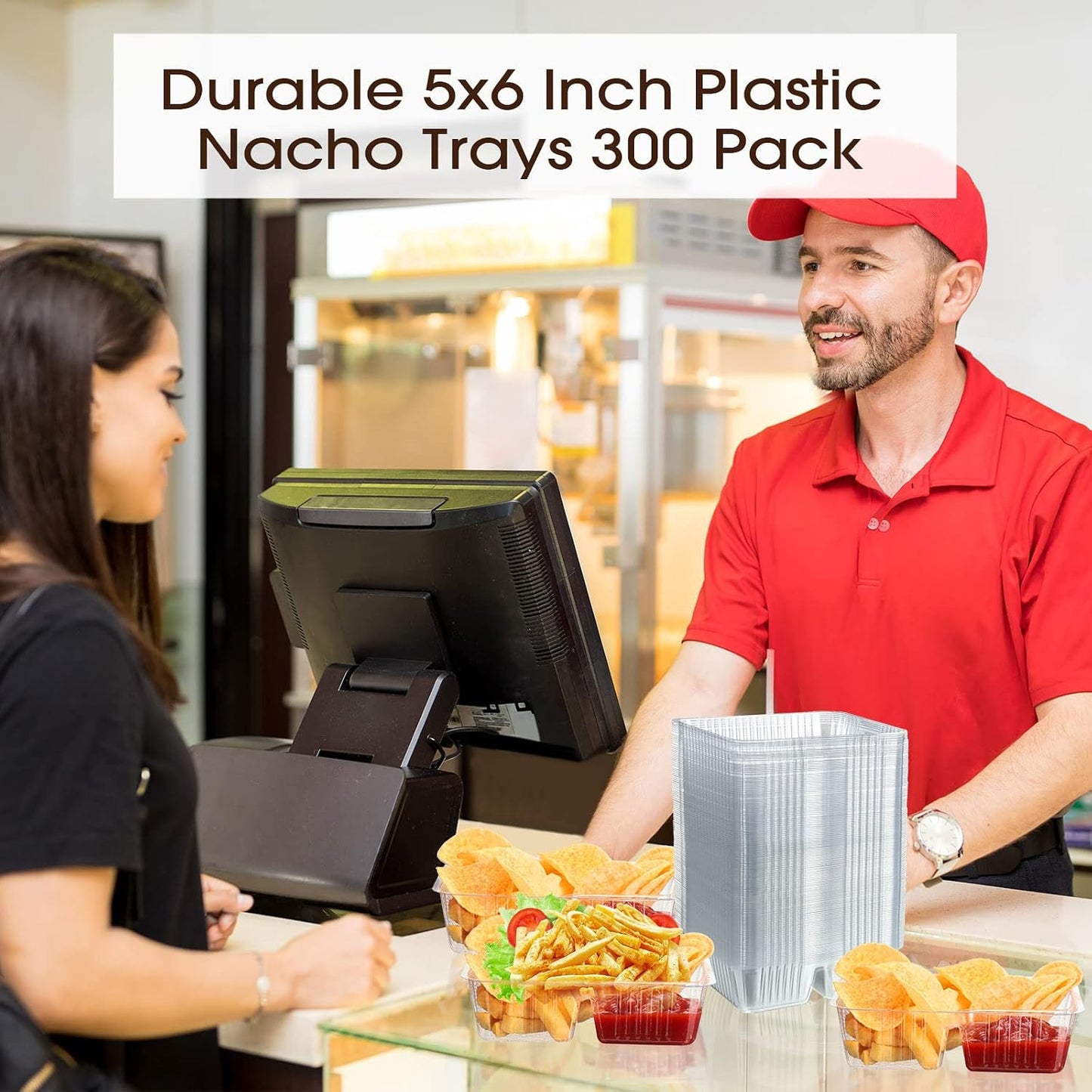 Vesici 100 Pcs 12oz Nacho Trays Disposable 2 Compartment Food Snack Tray Concession Stand Supplies Movie Night Clear Plastic Cheese Dip and Chip Holder for Candy School