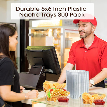 Vesici 100 Pcs 12oz Nacho Trays Disposable 2 Compartment Food Snack Tray Concession Stand Supplies Movie Night Clear Plastic Cheese Dip and Chip Holder for Candy School