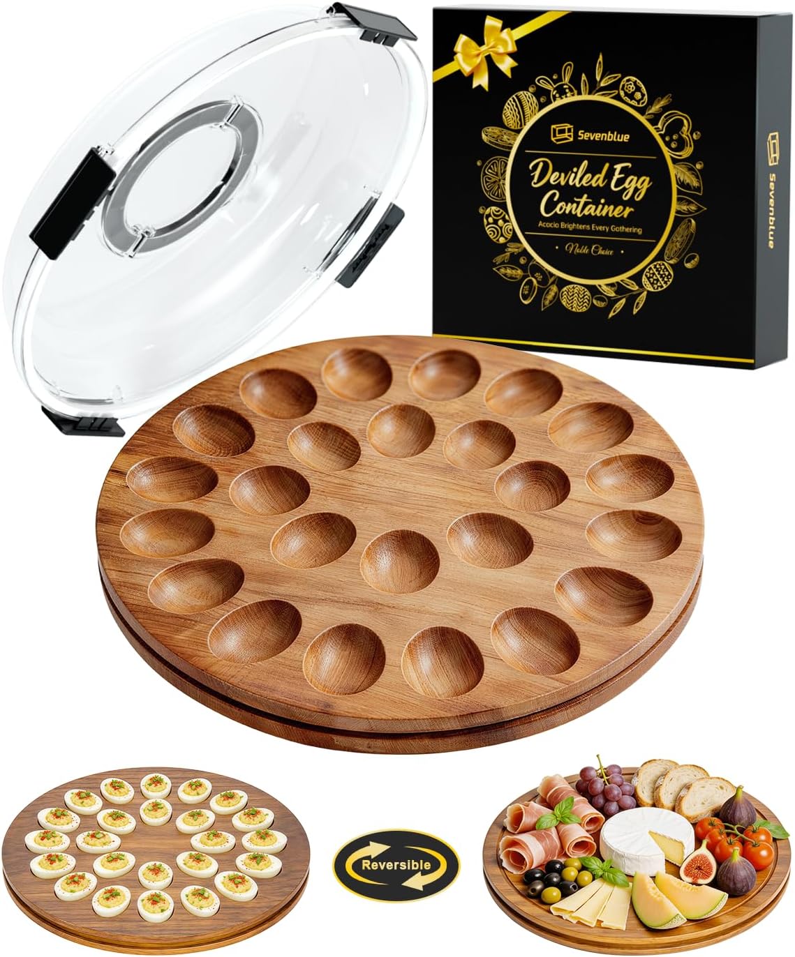 Sevenblue Acacia Wood Deviled Egg Containers with Lid and Handle, Portable Deviled Egg Platter for Easter, Potlucks & Party, Reversible Charcuterie Board Cutting Board