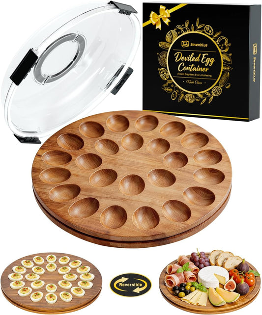 Sevenblue Acacia Wood Deviled Egg Containers with Lid and Handle, Portable Deviled Egg Platter for Easter, Potlucks & Party, Reversible Charcuterie Board Cutting Board