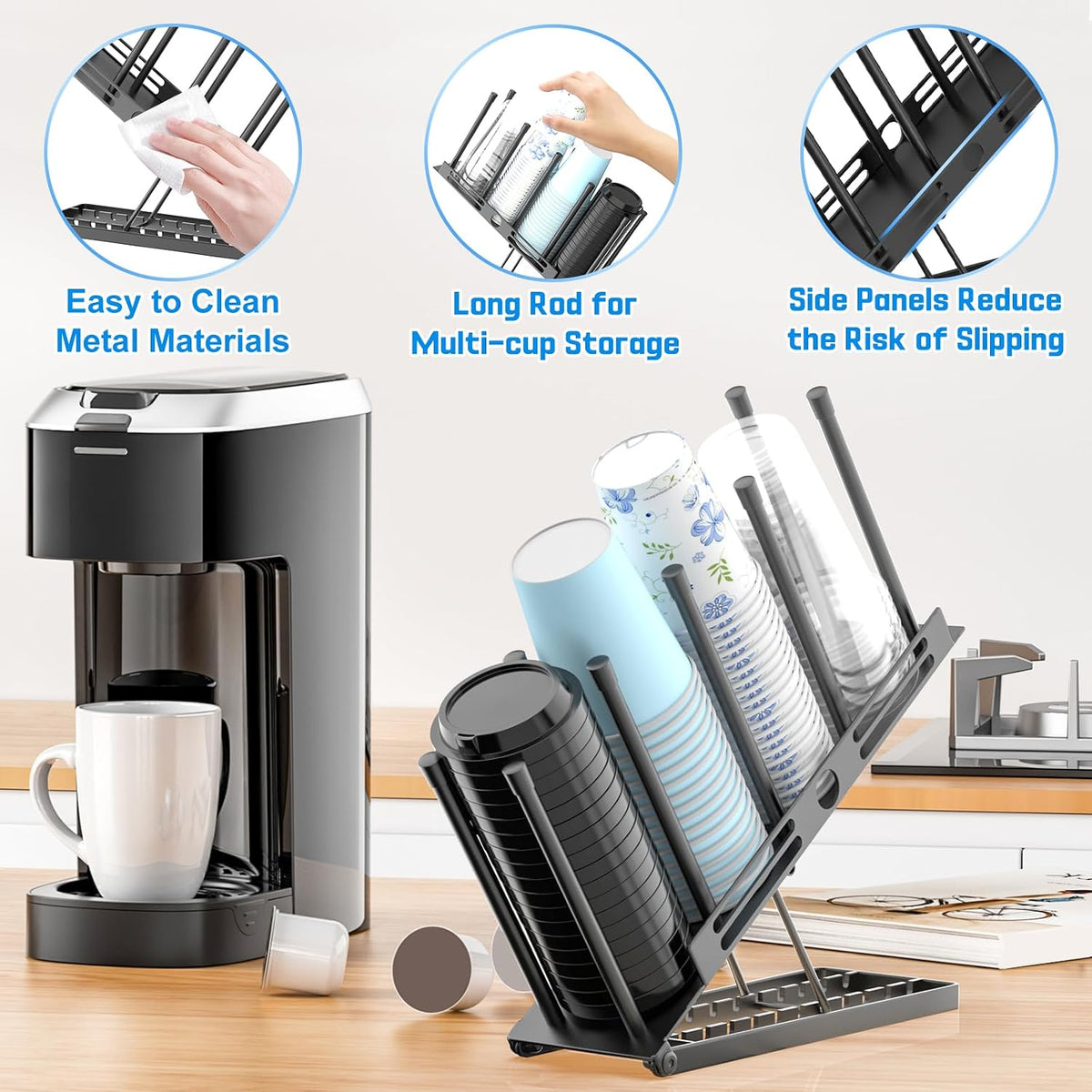 Coffee Cup and Lid Holder, 4 Compartment Metal Cup Dispenser, Black