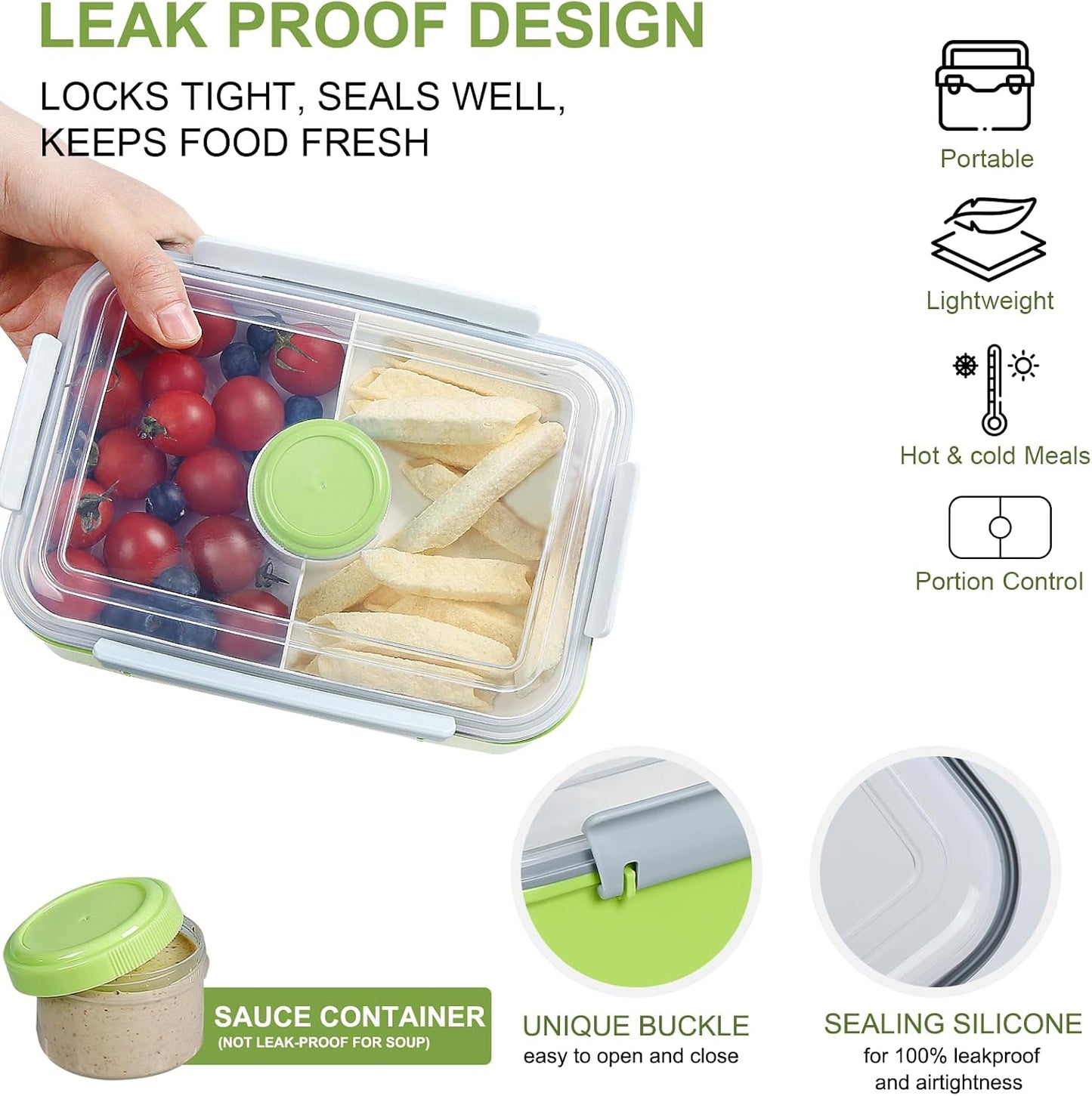 3 Pack Salad Lunch Box Food Storage Containers, 47oz Bento Box To Go Container with Lids, Reusable Meal Prep Containers with Removable Tray & Dressing Pots for Kids and Adults, Microwave Safe