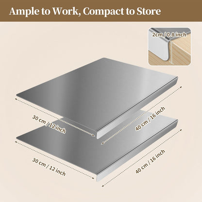Stainless Steel Cutting Board Set, 2 Pack Kitchen Metal Chopping Board Set with Counter Lip Dishwasher Safe for Meat, Fish, Vegetables, Fruits, Bread & Pastry (40 x 30cm/ 16 x 12 in)