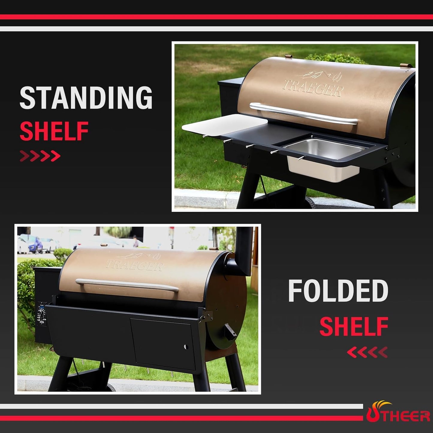 Upgraded Grill Table for Weber Kettle 22"/18"/26", Master Touch 22", Smokey Mountain, Recteq Pellet Grill RT-B380, Prep Station with Cutting Board, Basin, 4 Hooks, Shelf for Weber Kettle Accessories