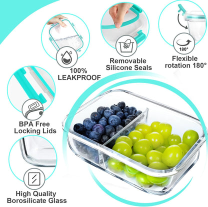 VERONES 10 Pack Glass Meal Prep Containers 2 Compartment Set, 30 OZ Airtight Glass Lunch Containers, Glass Food Storage Containers with Lids, for Microwave, Oven, Freezer & Dishwasher Friendly，Grey