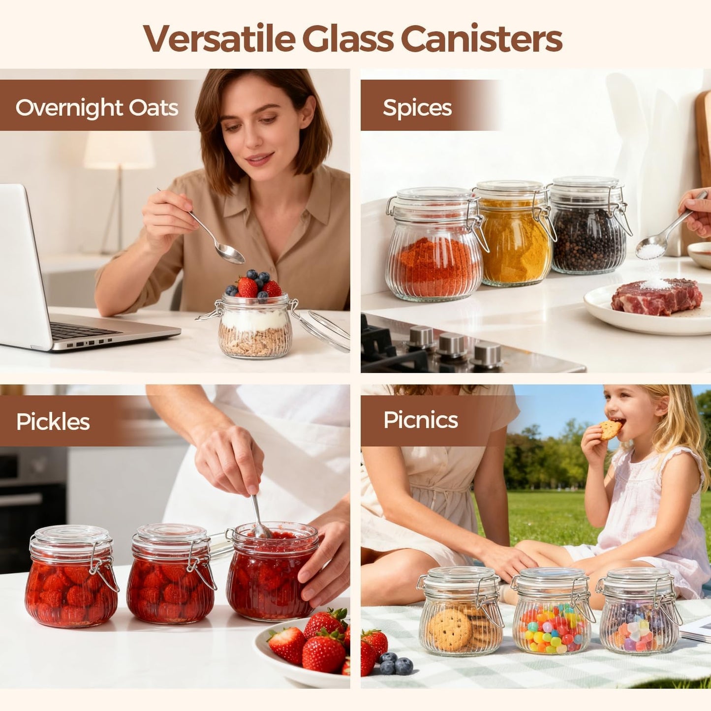 ComSaf 6-Pack 17oz Short Glass Jars for Drawers, Small Airtight Food Canisters for Spices, Nuts & Kids Snacks, Pint Sized Canning Jar Set for Jams, Pickles & Pantry Organization