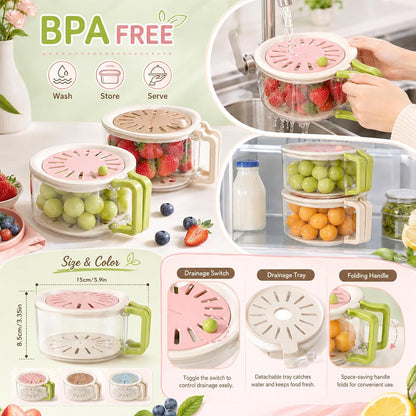 Fruit Vegetable Washing Bowl with Strainer and Lid, Multifunctional Portable Colander, Berry Lettuce Storage Container for Fridge Refrigerator Kitchen Organization, BPA‑Free Food‑Safe Drain Container