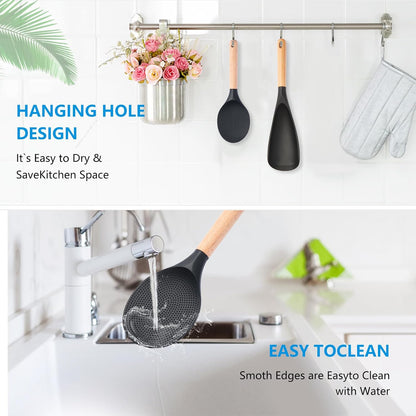 2 Pcs Wooden Handle Silicone Cooking Spoon Set for Nonstick Cookware Cooking, Baking, Stirring ，BPA-Free Heat-Resistant Spatula for Mixing, Flipping, Scraping (2 Pcs Black)