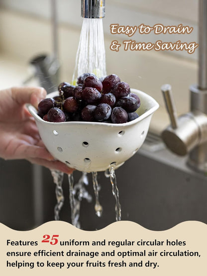 Gomakren Berry Bowls with Holes Ceramic, Berry Washing Bowl Basket Set of 2, 5.8 Inch Round Fruit Bowl Storage Containers, Strawberry Baskets, Farmhouse Kitchen Decor, Yellow + Brown