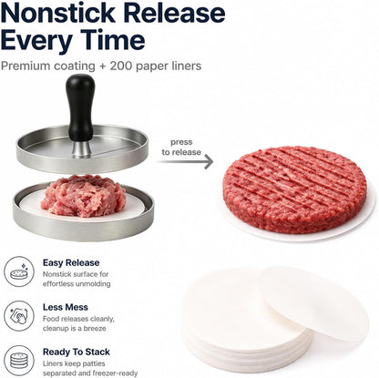 Burger Press 200 Patty Papers Set, 4.7'' Non-Stick Hamburger Maker for BBQ