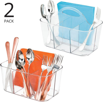 mDesign Plastic Cutlery Storage Organizer Caddy Bin Tote with Handle - Kitchen Cabinet Divided Pantry Basket for Forks, Knives, Spoons, Napkins, Indoor/Outdoor Use, Lumiere Collection, White