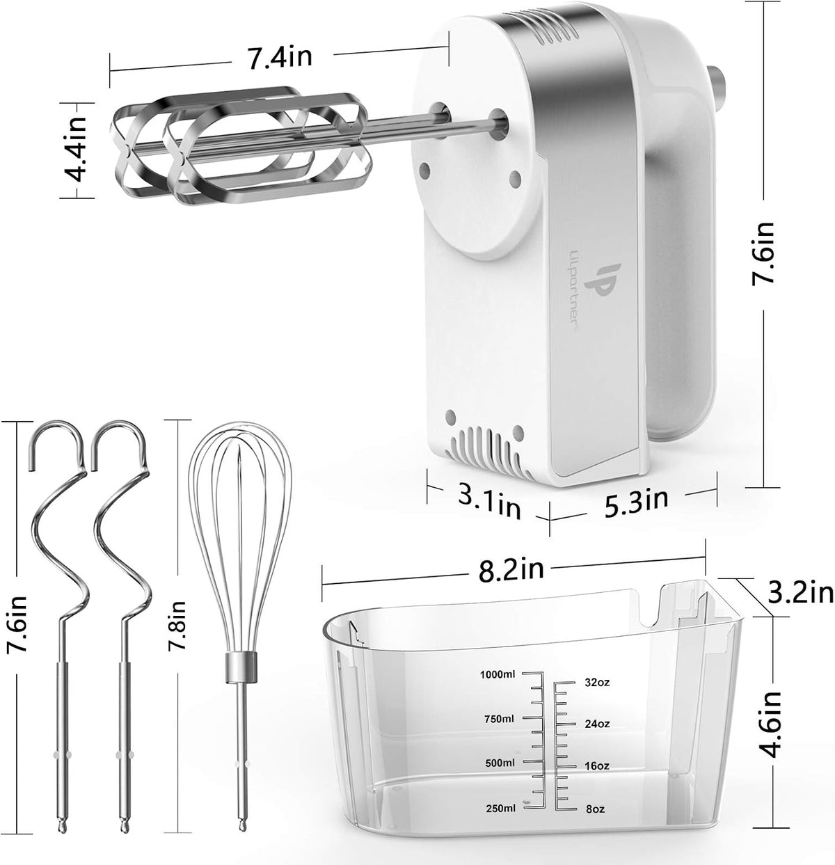 Hand Mixer Electric, 450W Kitchen Mixers with Scale Cup Storage Case, Turbo Boost/Self-Control Speed + 5 Speed + Eject Button + 5 Stainless Steel Accessories, For Easy Whipping Dough, Cream, Black