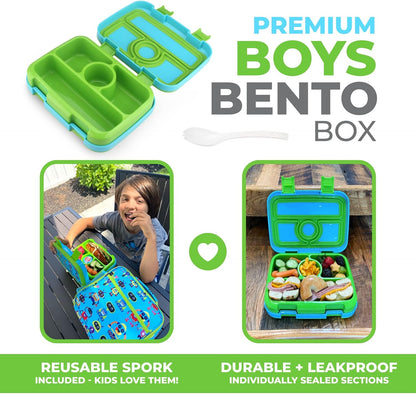 Kids Lunch Box - Bento Box for Boys Toddler Daycare, 4 Portion Sections with Lid, Snack Container Pre-School Kid Lunches Toddlers Removable Tray BPA Free, 3+ Years Old, Blue Rocket Dinosaur