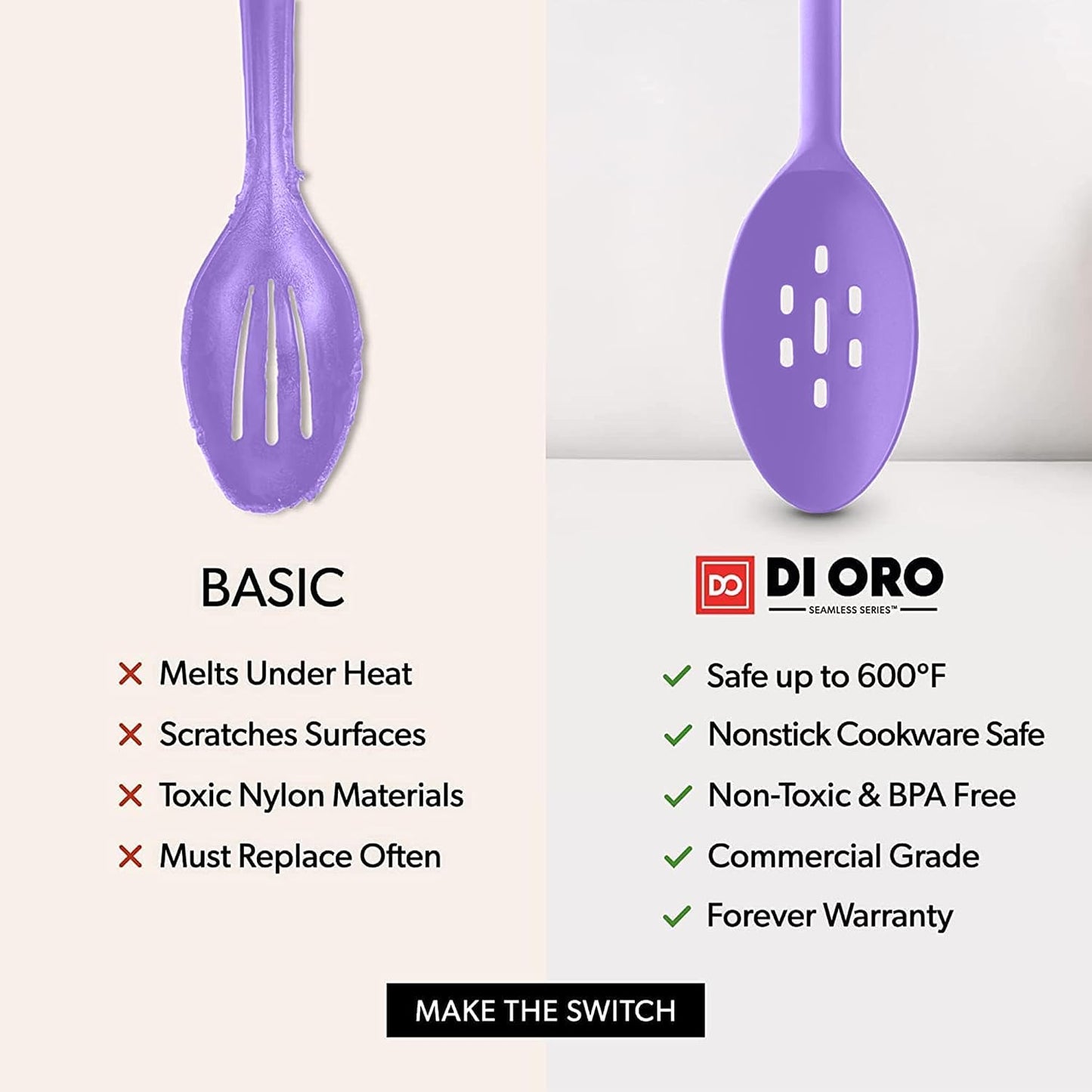 DI ORO Silicone Spoons for Cooking - Large Kitchen Spoons for Mixing, Serving, & Stirring - 600°F Heat-Resistant Non Stick Utensils – Big Solid & Slotted - Dishwasher Safe (2pc, Black)