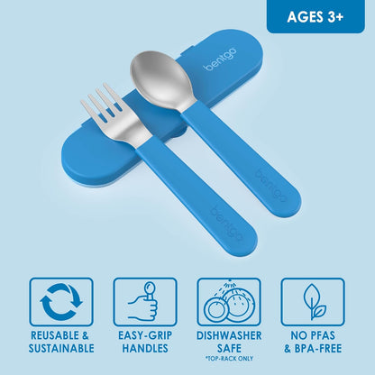 Bentgo Kids Stainless Steel Utensil Set - Reusable Fork, Spoon & Storage Case, PFAS- & BPA-Free, Easy-Grip Handles, Lightweight, Dishwasher Safe, School Lunch, Travel & Outdoors (Dinosaur)