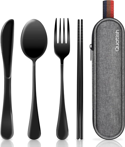 Travel Utensils with Case, Quatish Portable Silverware Set for Work, Stainless Steel Reusable Travel Cutlery Set, Fork and Spoon Set for Camping, EDC Gadgets, Lunch Box for Men, Purple