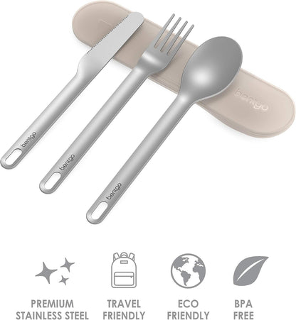 Bentgo Stainless Travel Utensil Set - Reusable 3-Piece Silverware Set with Carrying Case, High-Grade Premium Steel, BPA-Free Case, Eco-Friendly - Ideal for Travel, Camping, and Office Use (Gray)