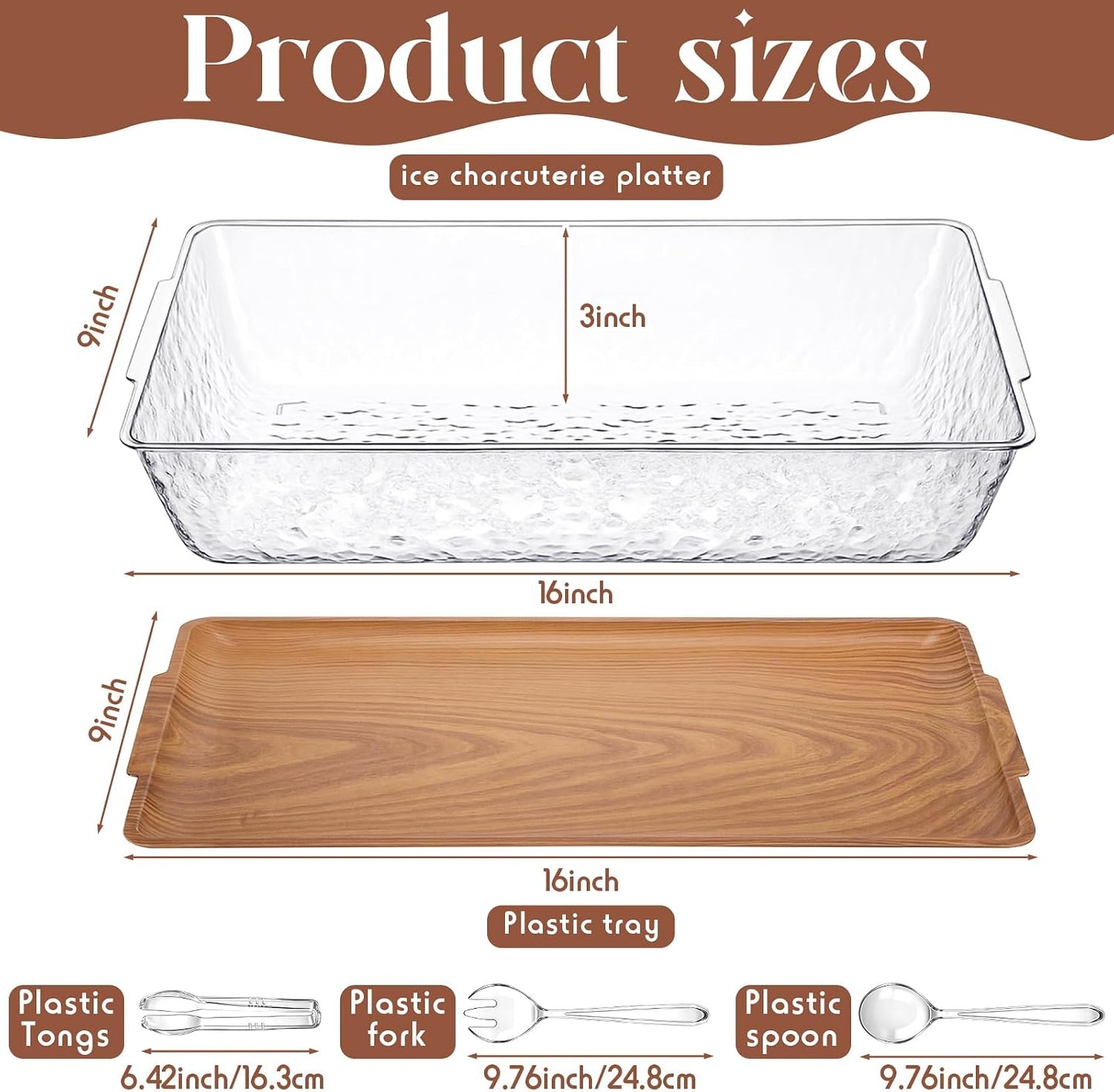 Baderke 16" x 9" Chilled Serving Tray for Parties with Compartments Ice Chilled Party Crudite Platter Charcuterie Serving Board Cold Dish Dip with Tableware for Seafood Vegetable(Silver Glitter)