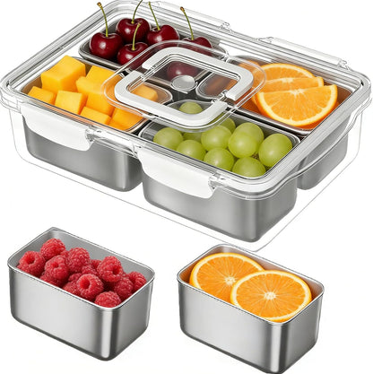 Snackle Box Container, Stainless Steel Divided Serving Tray with Lid and Handle, Large Snack Tray for Fruit Veggie Candy, 8-Compartment Snack Platter for Travel Party Beach Picnic