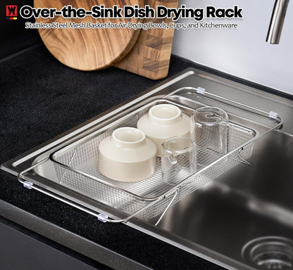 WAGENSTEIGER Extendable Dish Rack with Feet, Vegetable Colander Basket, Stainless Steel Dish or Silverware Drying Rack, Ultimate Kitchen Organizer Over the Sink (11.81 x 8.27 x 2.76 Inches)