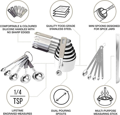 CuttleLab 22-Piece Stainless Steel Measuring Cups and Spoons Set, Tad Dash Pinch Smidgen Drop Mini Measuring Spoons, Measuring Stick Leveler, Measurement Conversion Chart Fridge Magnet, (Charcoal)