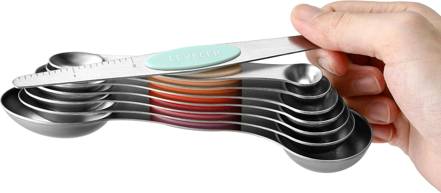 Spring Chef Stainless Steel Magnetic Measuring Spoons Set with Strong N45 Magnets, Heavy Duty Metal Kitchen Gadgets for Baking & Cooking, Fits in Most Kitchen Spice Jars, Set of 8 with Leveler, Black