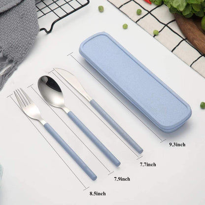 Portable Travel Utensils Set, 18/8 Stainless Steel 3 PCS Cutlery Set Including Knife Fork and Spoon, Reusable Travel Silverware Set with Case for Lunch Box Camping School Office
