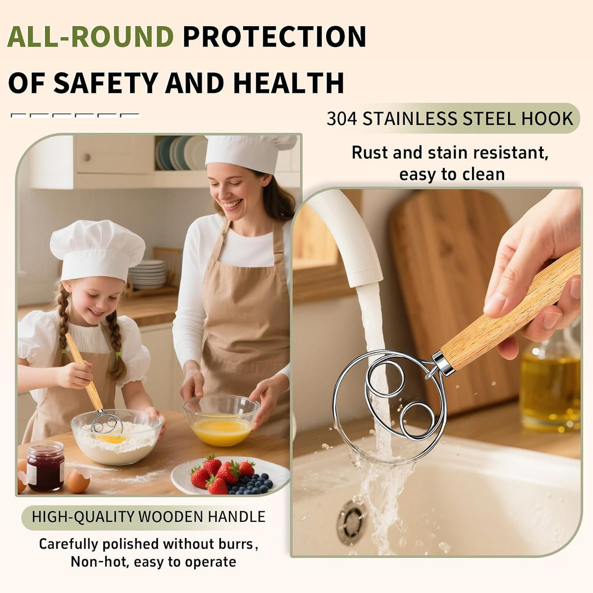 Hand Whisk Stainless Steel Dough Hook Dutch Whisk for Sourdough Bread Dough Mixer Hand Wooden Handle Kitchen Whisking Mixing Tool Bread Making Tools (1 eye)