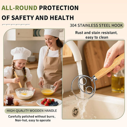 Hand Whisk Stainless Steel Dough Hook Dutch Whisk for Sourdough Bread Dough Mixer Hand Wooden Handle Kitchen Whisking Mixing Tool Bread Making Tools (1 eye)