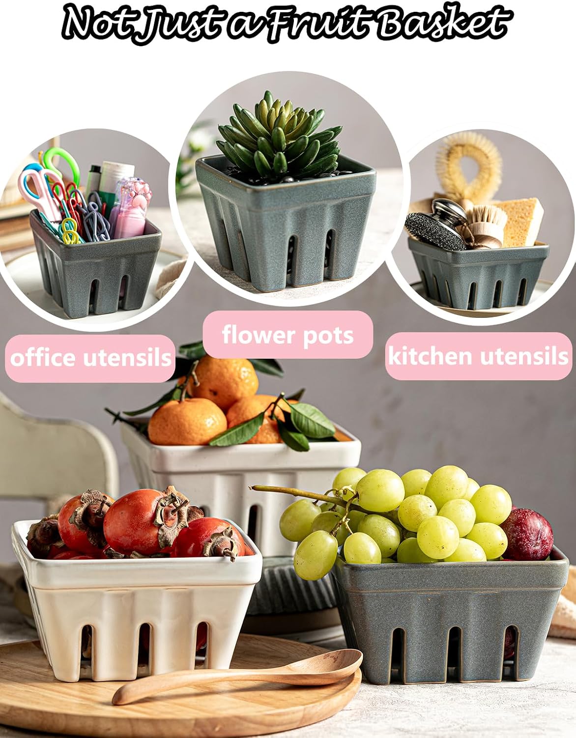 Gomakren Berry Bowls with Holes Ceramic, Berry Washing Bowl Basket Set of 2, 5.8 Inch Round Fruit Bowl Storage Containers, Strawberry Baskets, Farmhouse Kitchen Decor, Yellow + Brown
