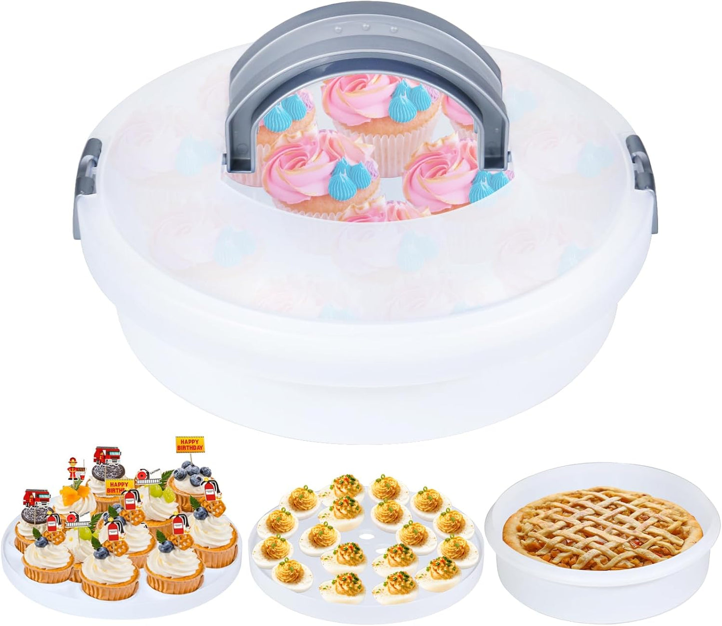 10 Inch Portable Pie Carrier with Lid and Tray 3-In-1 Round Cupcake Container Egg Holder Muffin Tart Cookie Keeper Food