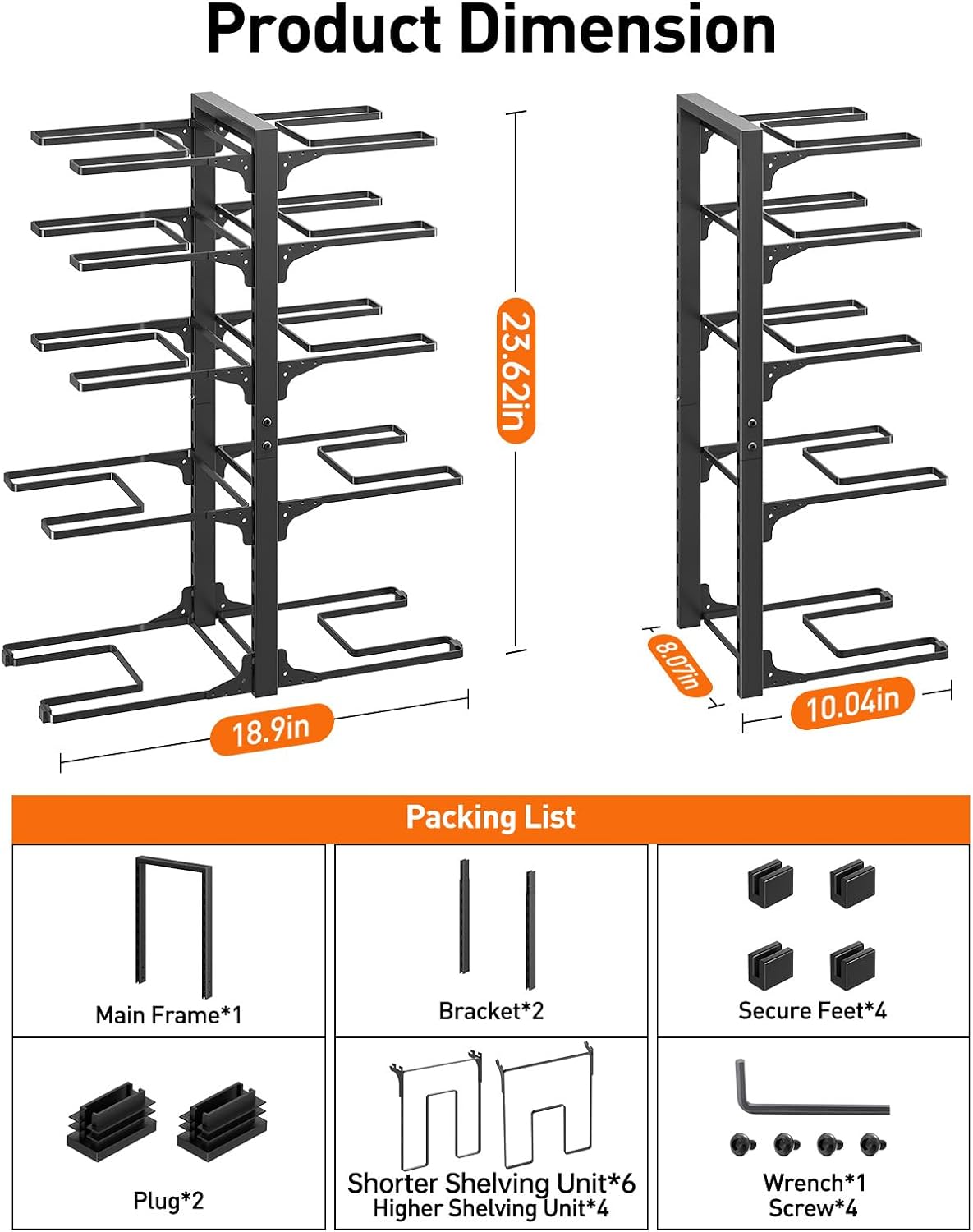 ORDORA Pots and Pans Organizer Under Cabinet 16.6", 8-Tier Adjustable Rack