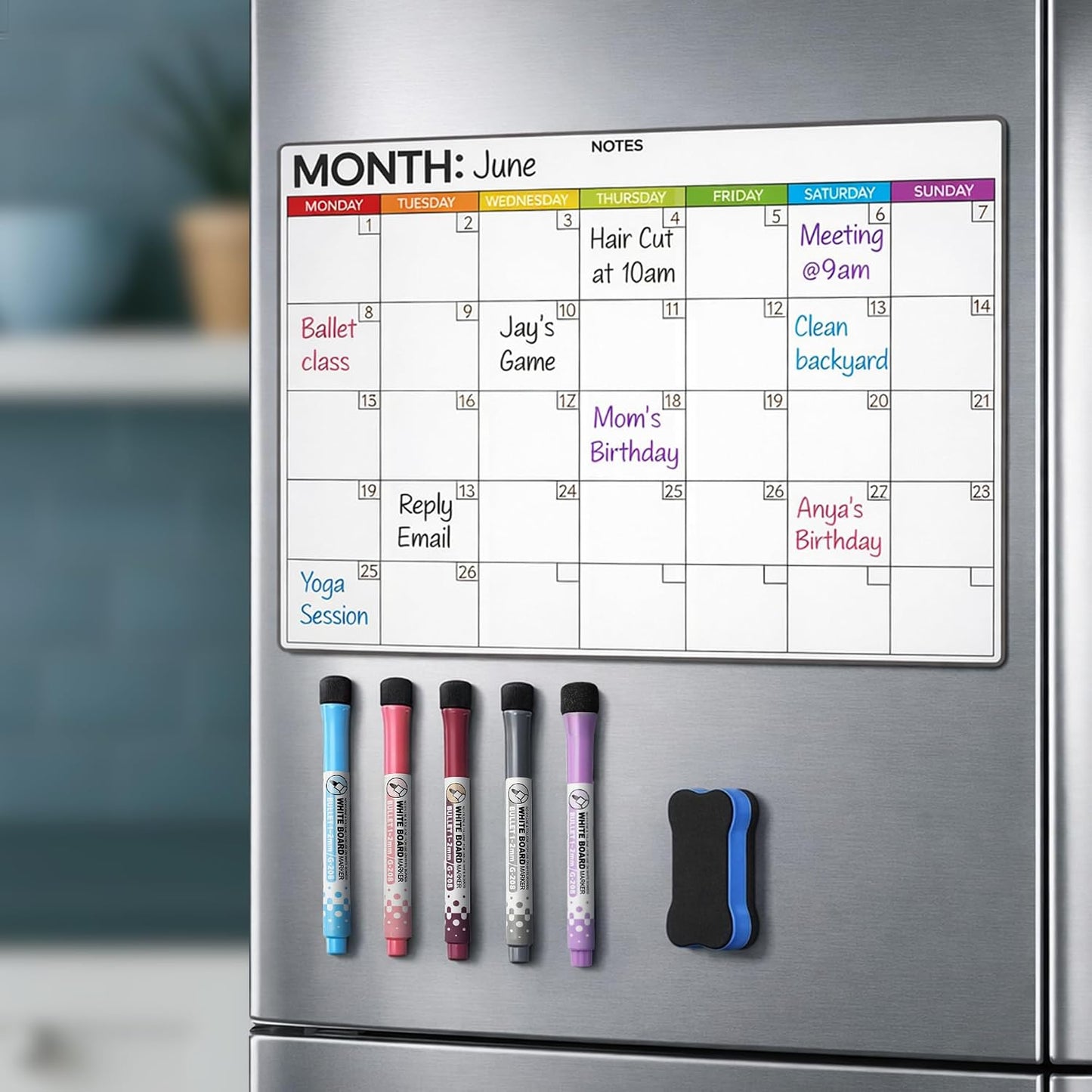 Fridge Calendar Acrylic 17x12”, Start Monday | Magnetic Calendar for Refrigerator | Acrylic Dry Erase Whiteboard Calendar for Fridge | Family Schedule Board with 5 Markers & Eraser by Freedom Mastery